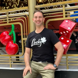 Brian Christopher sits outside Carousel Bar at Plaza Las Vegas