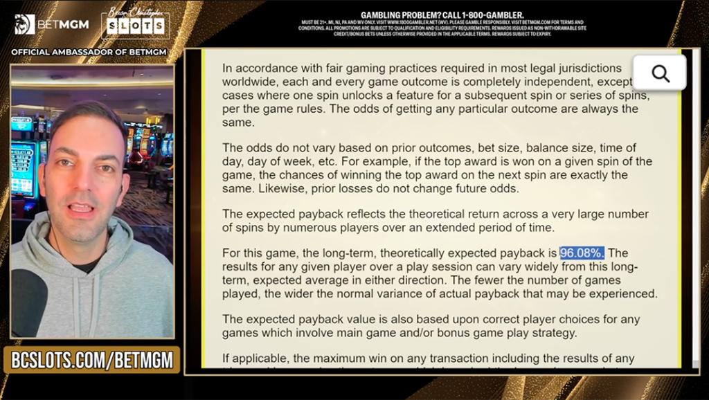 Brian Christopher showcasing online slot payback