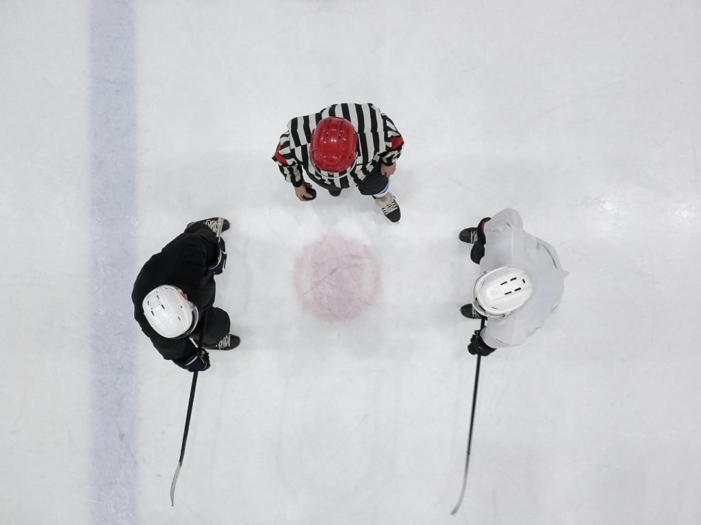 Two hockey players and referee in the ice rink