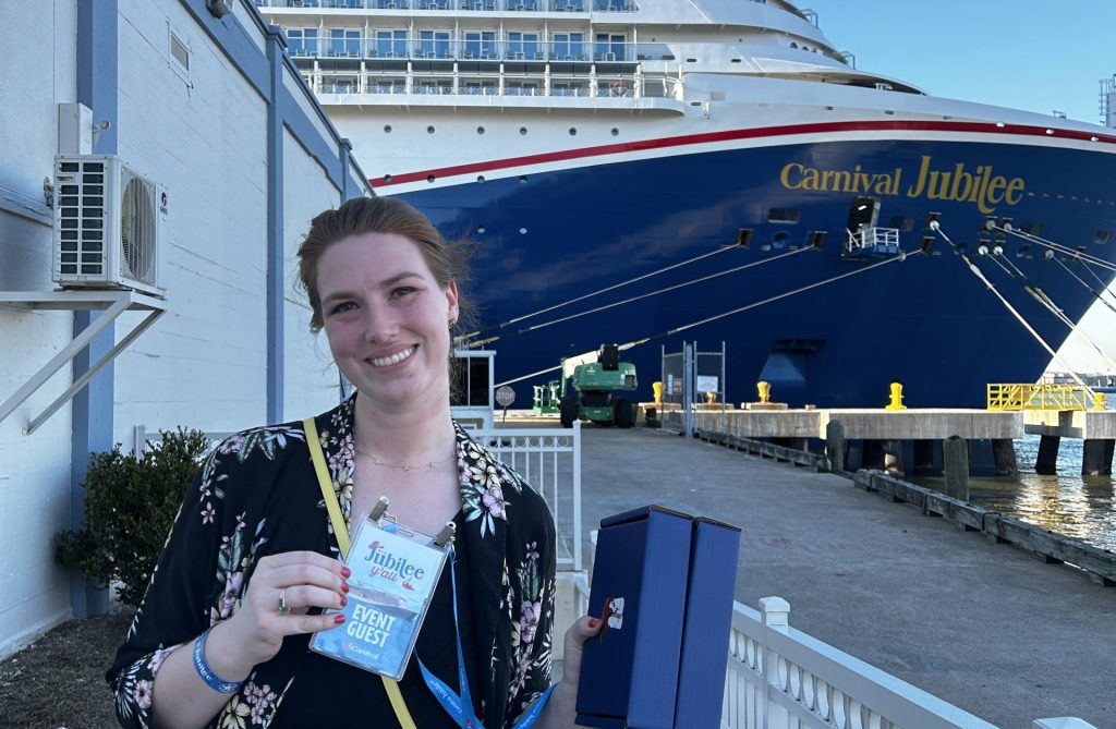 Courtney Carr boarding the Carnival Jubilee