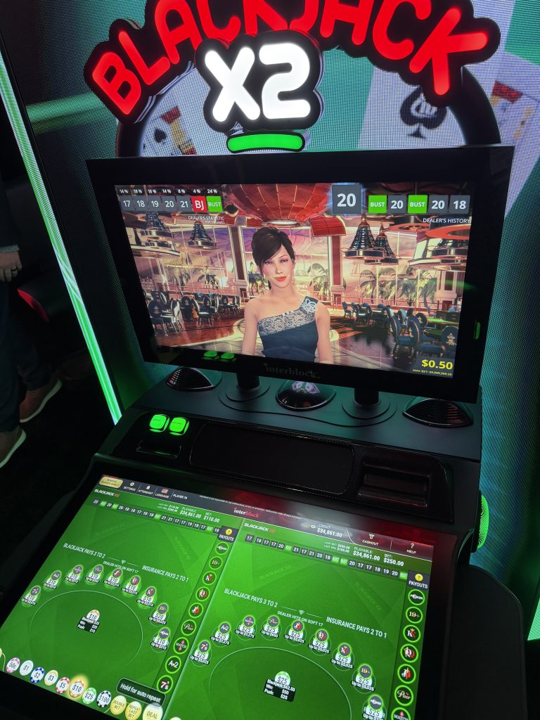 Blackjack X2 is shown at the Interblock booth during G2E 2026.